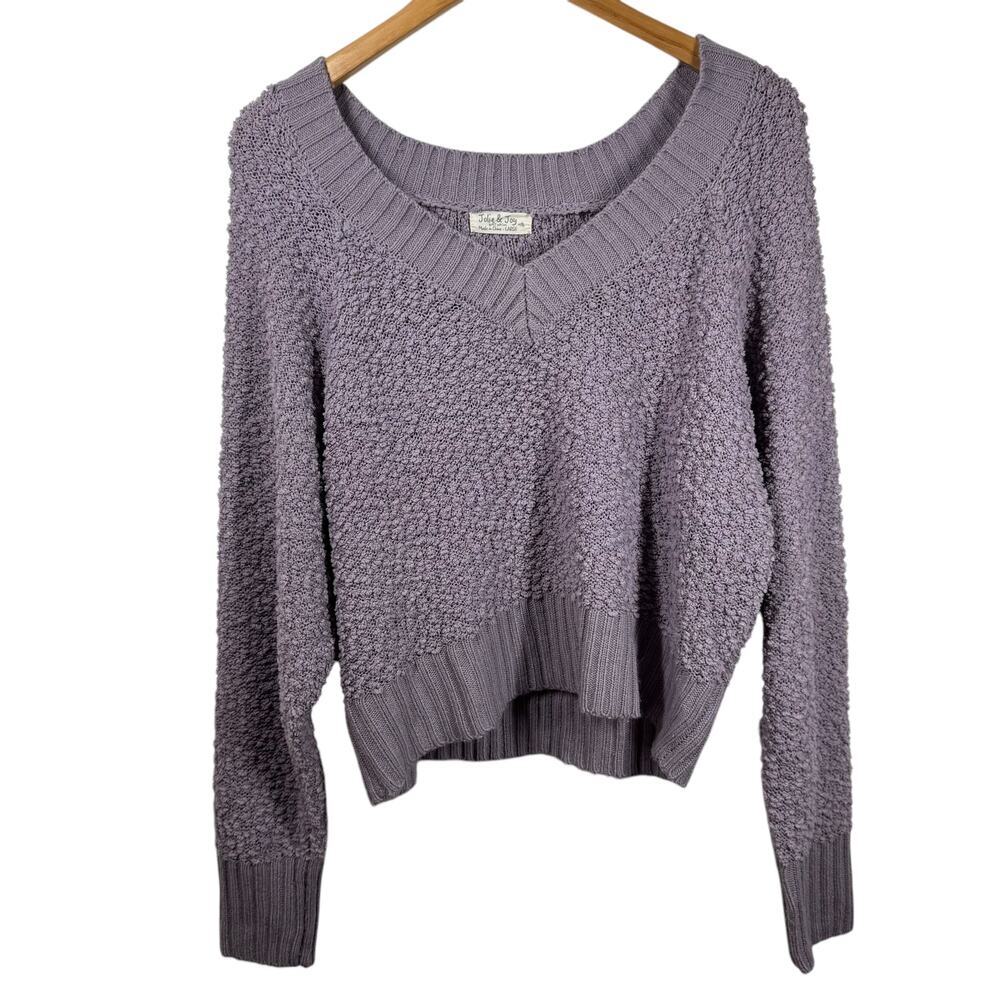 Jolie & Joy Sweater Women L Purple Textured Semi Cropped Cozy Pullover Boho